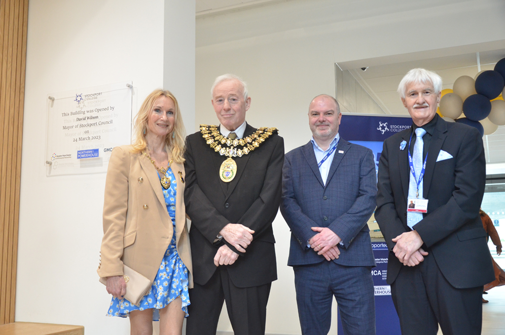 Photograph of Mayor of Stockport David Wilson, Mayoress of Stockport Jeannette Slavinski, James Scott, Principal and CEO, The Trafford College Group, Graham Luccock, Chair of Governors, The Trafford College Group.