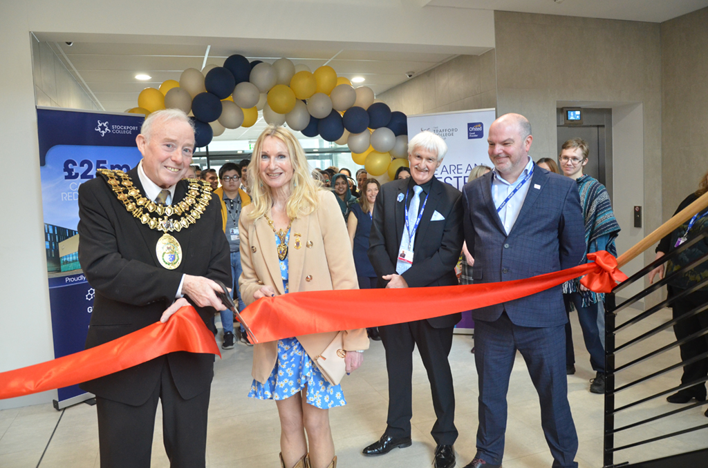 Photograph of Mayor and Mayoress of Stockport, Chair of Governors, Principal and CEO of Trafford College Group officially opening Stockport College 25 million pound redevelopment. Cutting red ribbon to officially open the new main reception, Lyme Building.